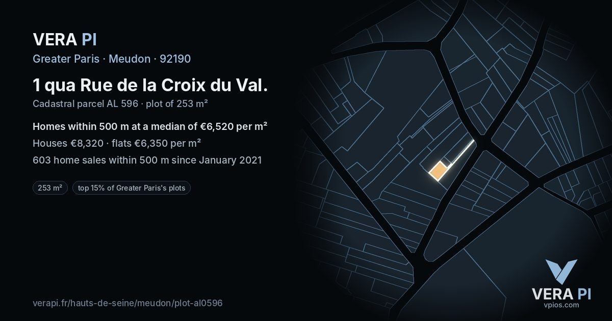 1 qua Rue de la Croix du Val, Meudon at night – the plot lit, the parcels around coloured by the prices near them