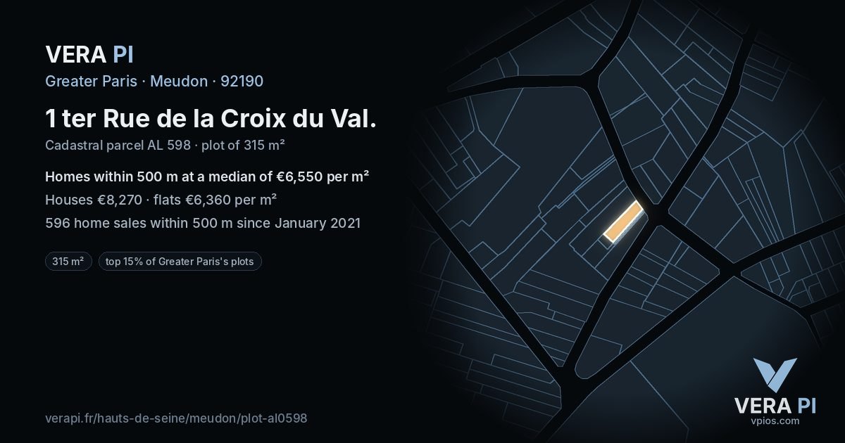 1 ter Rue de la Croix du Val, Meudon at night – the plot lit, the parcels around coloured by the prices near them