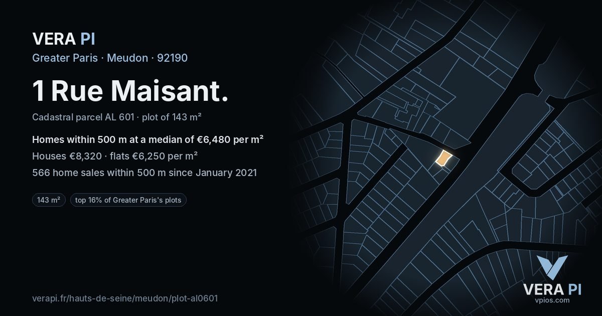 1 Rue Maisant, Meudon at night – the plot lit, the parcels around coloured by the prices near them