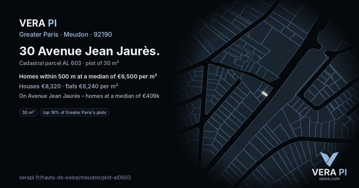30 Avenue Jean Jaurès, Meudon at night – the plot lit, the parcels around coloured by the prices near them
