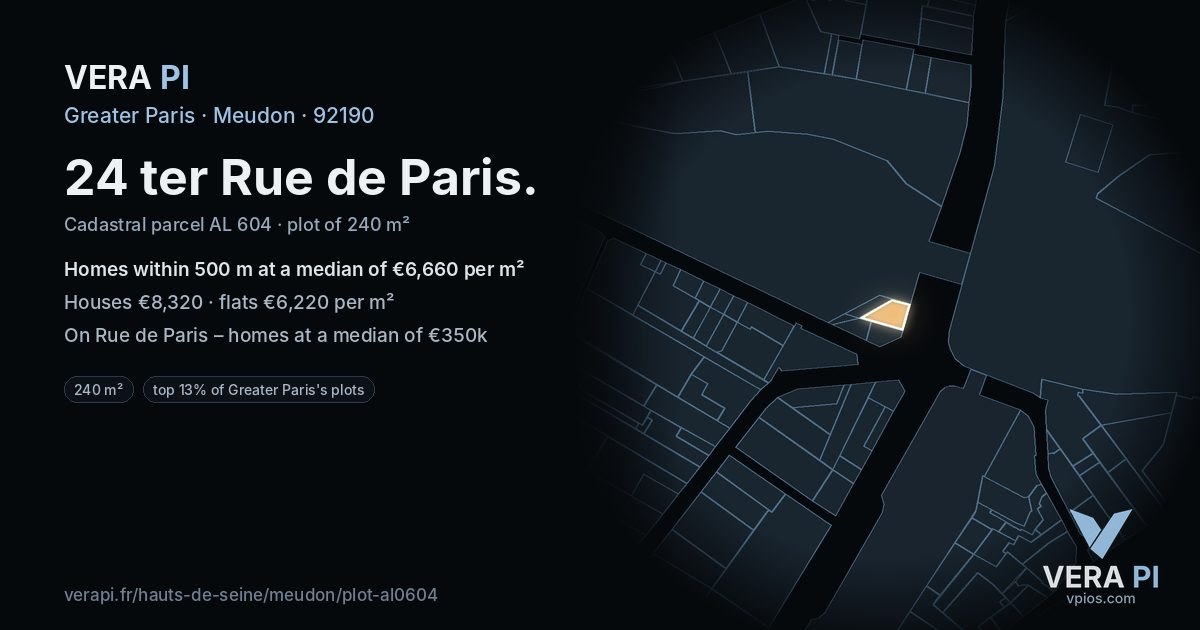 24 ter Rue de Paris, Meudon at night – the plot lit, the parcels around coloured by the prices near them