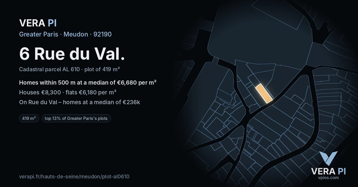 6 Rue du Val, Meudon at night – the plot lit, the parcels around coloured by the prices near them