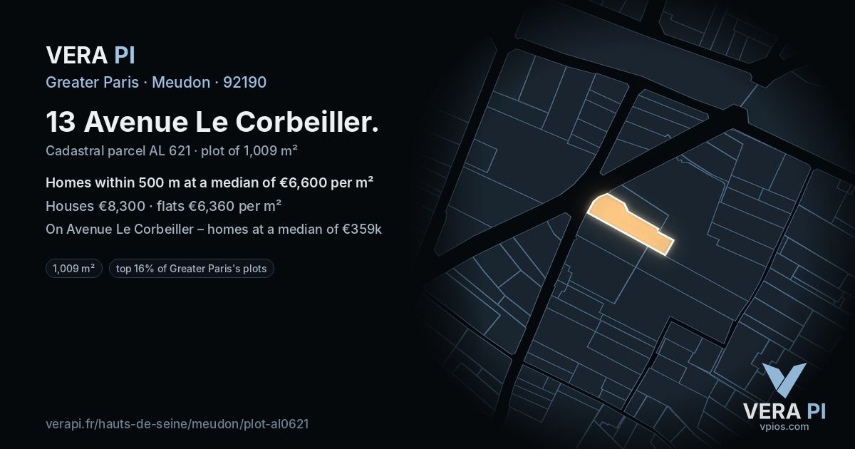 13 Avenue Le Corbeiller, Meudon at night – the plot lit, the parcels around coloured by the prices near them
