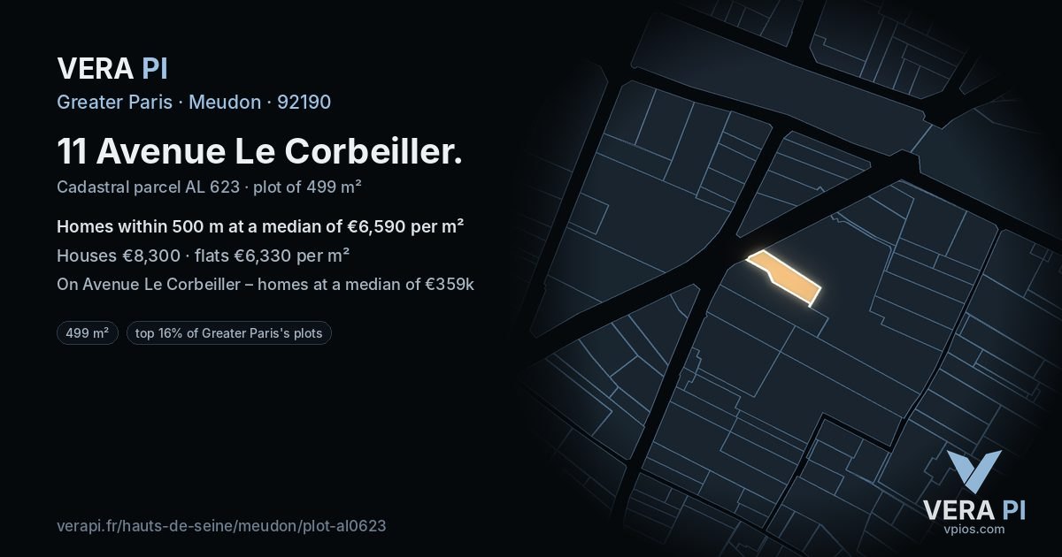 11 Avenue Le Corbeiller, Meudon at night – the plot lit, the parcels around coloured by the prices near them