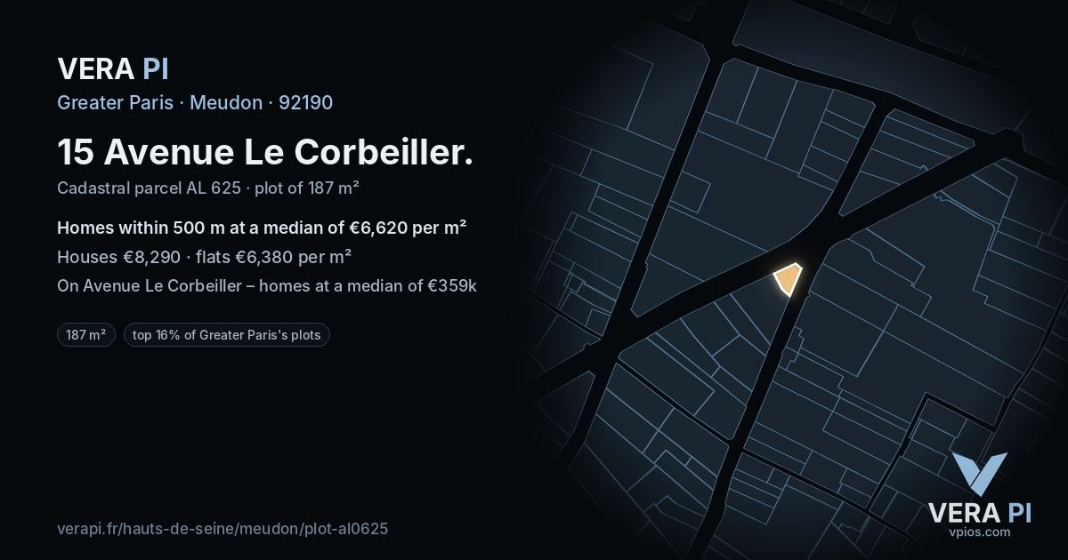 15 Avenue Le Corbeiller, Meudon at night – the plot lit, the parcels around coloured by the prices near them
