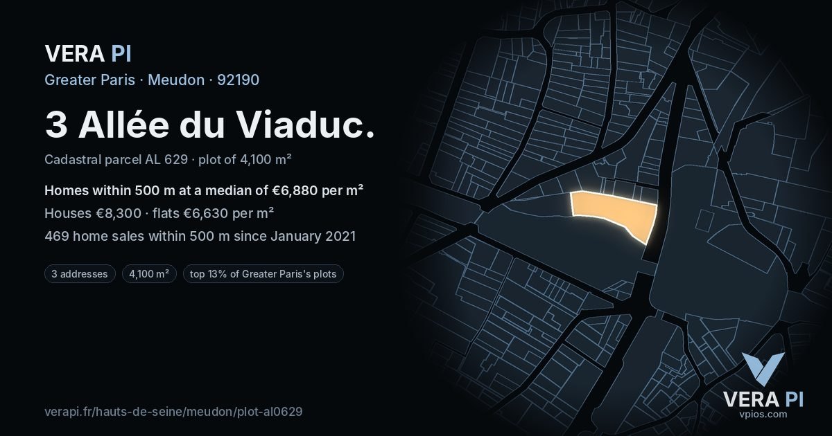 3 Allée du Viaduc, Meudon at night – the plot lit, the parcels around coloured by the prices near them