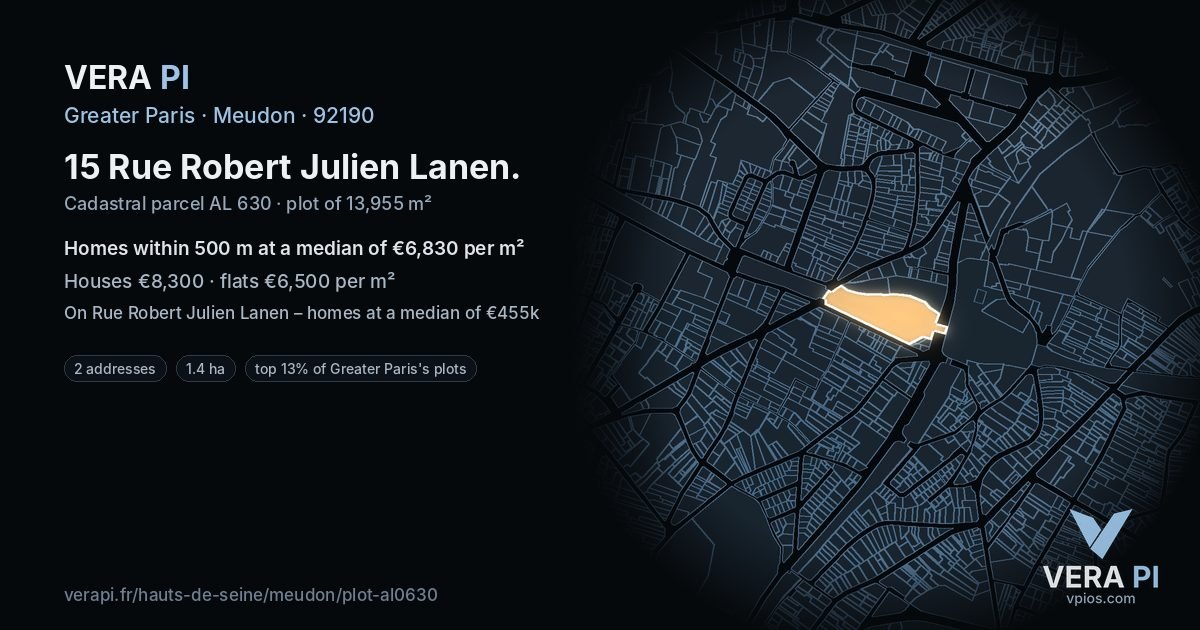 15 Rue Robert Julien Lanen, Meudon at night – the plot lit, the parcels around coloured by the prices near them