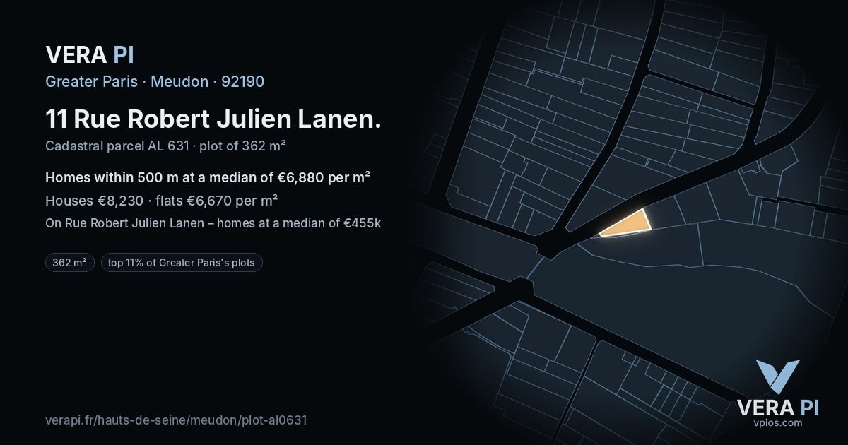 11 Rue Robert Julien Lanen, Meudon at night – the plot lit, the parcels around coloured by the prices near them