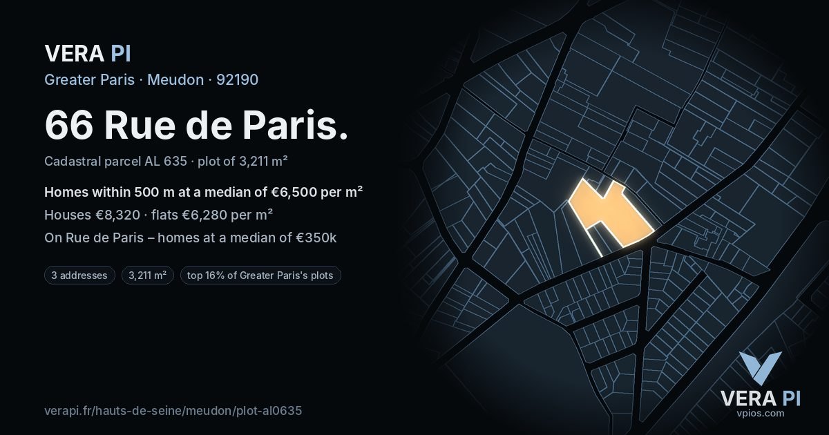 66 Rue de Paris, Meudon at night – the plot lit, the parcels around coloured by the prices near them