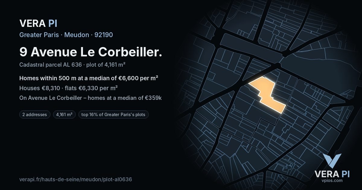 9 Avenue Le Corbeiller, Meudon at night – the plot lit, the parcels around coloured by the prices near them