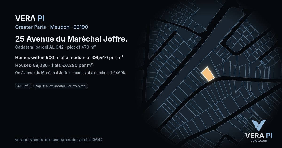 25 Avenue du Maréchal Joffre, Meudon at night – the plot lit, the parcels around coloured by the prices near them