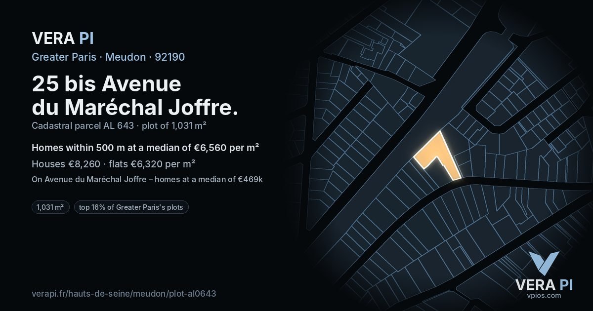 25 bis Avenue du Maréchal Joffre, Meudon at night – the plot lit, the parcels around coloured by the prices near them
