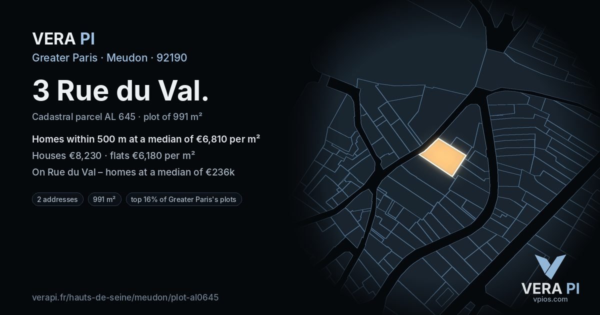 3 Rue du Val, Meudon at night – the plot lit, the parcels around coloured by the prices near them