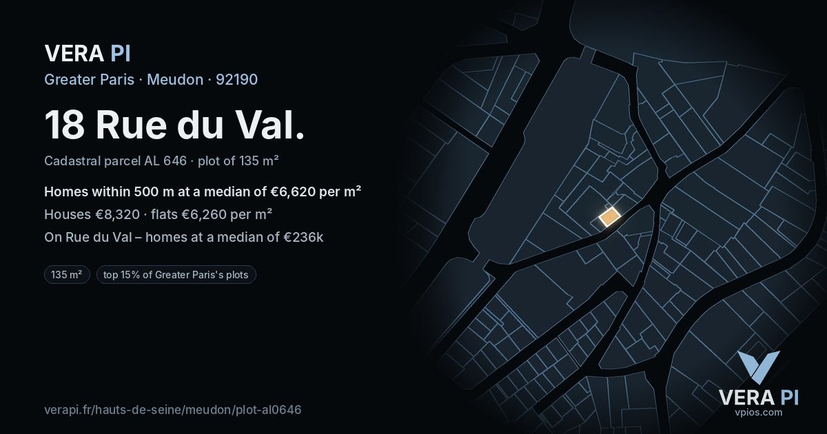 18 Rue du Val, Meudon at night – the plot lit, the parcels around coloured by the prices near them