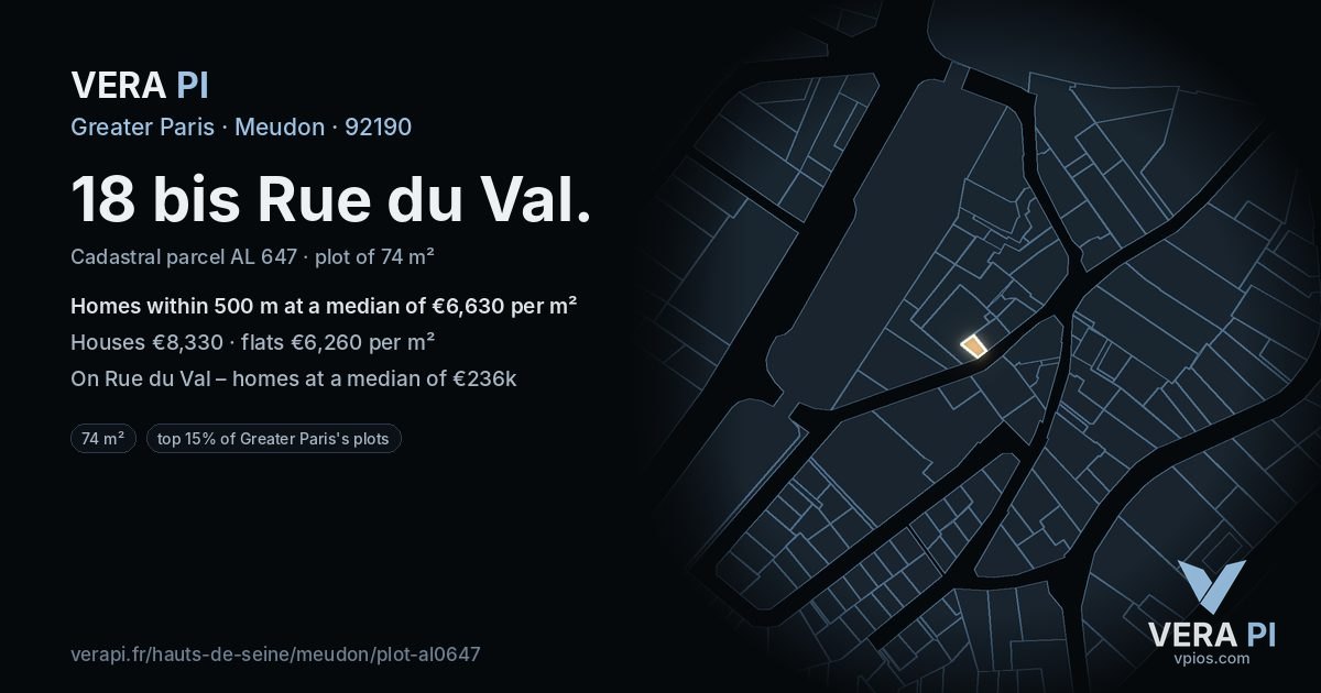 18 bis Rue du Val, Meudon at night – the plot lit, the parcels around coloured by the prices near them