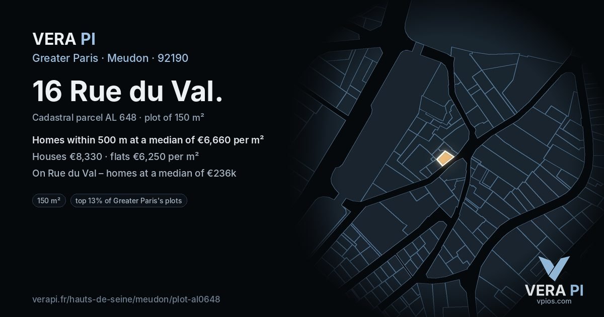 16 Rue du Val, Meudon at night – the plot lit, the parcels around coloured by the prices near them