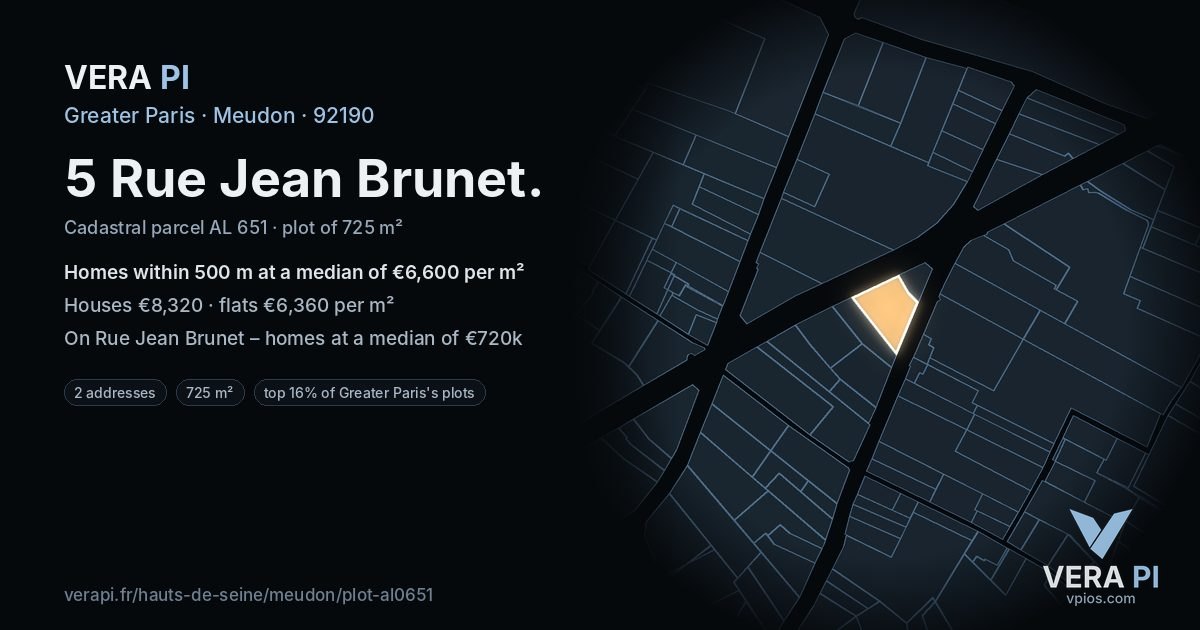 5 Rue Jean Brunet, Meudon at night – the plot lit, the parcels around coloured by the prices near them