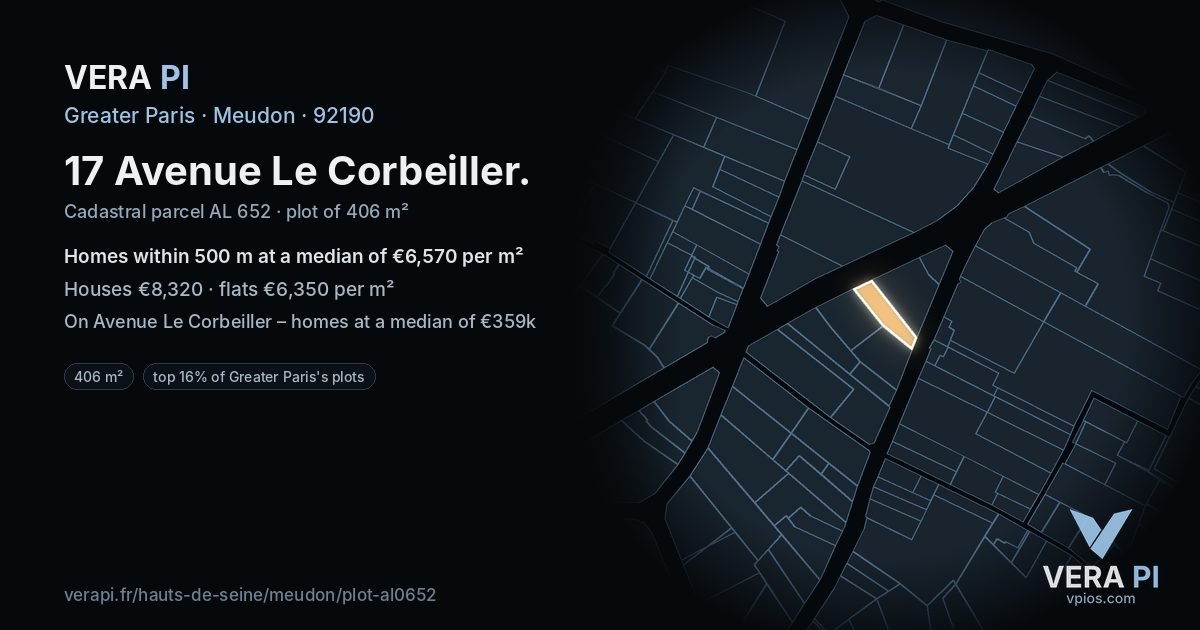 17 Avenue Le Corbeiller, Meudon at night – the plot lit, the parcels around coloured by the prices near them