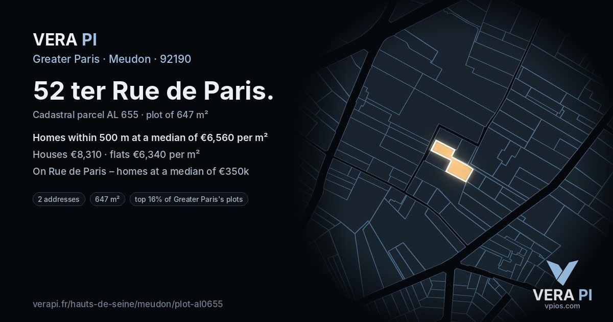 52 ter Rue de Paris, Meudon at night – the plot lit, the parcels around coloured by the prices near them