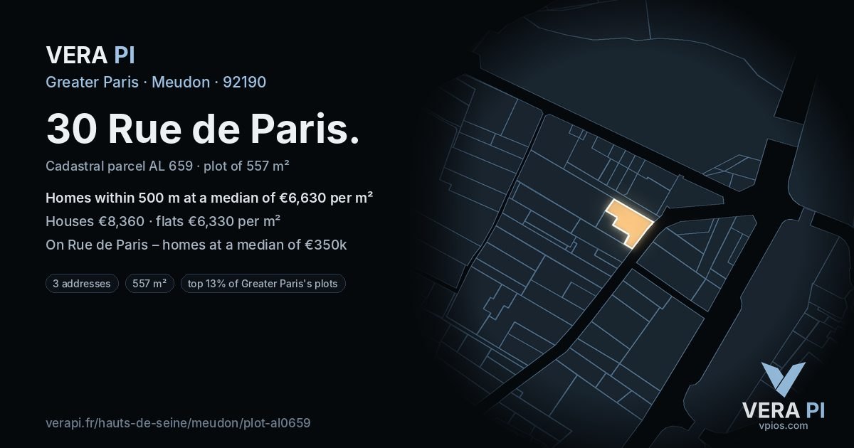 30 Rue de Paris, Meudon at night – the plot lit, the parcels around coloured by the prices near them