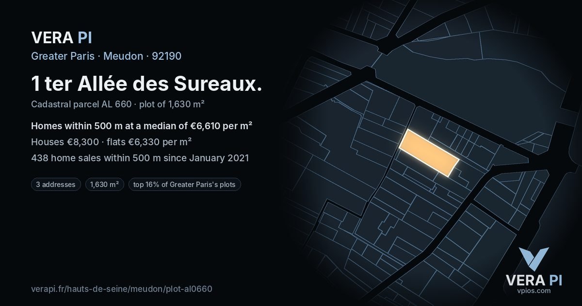 1 ter Allée des Sureaux, Meudon at night – the plot lit, the parcels around coloured by the prices near them