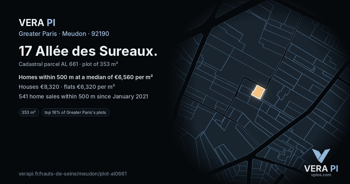 17 Allée des Sureaux, Meudon at night – the plot lit, the parcels around coloured by the prices near them