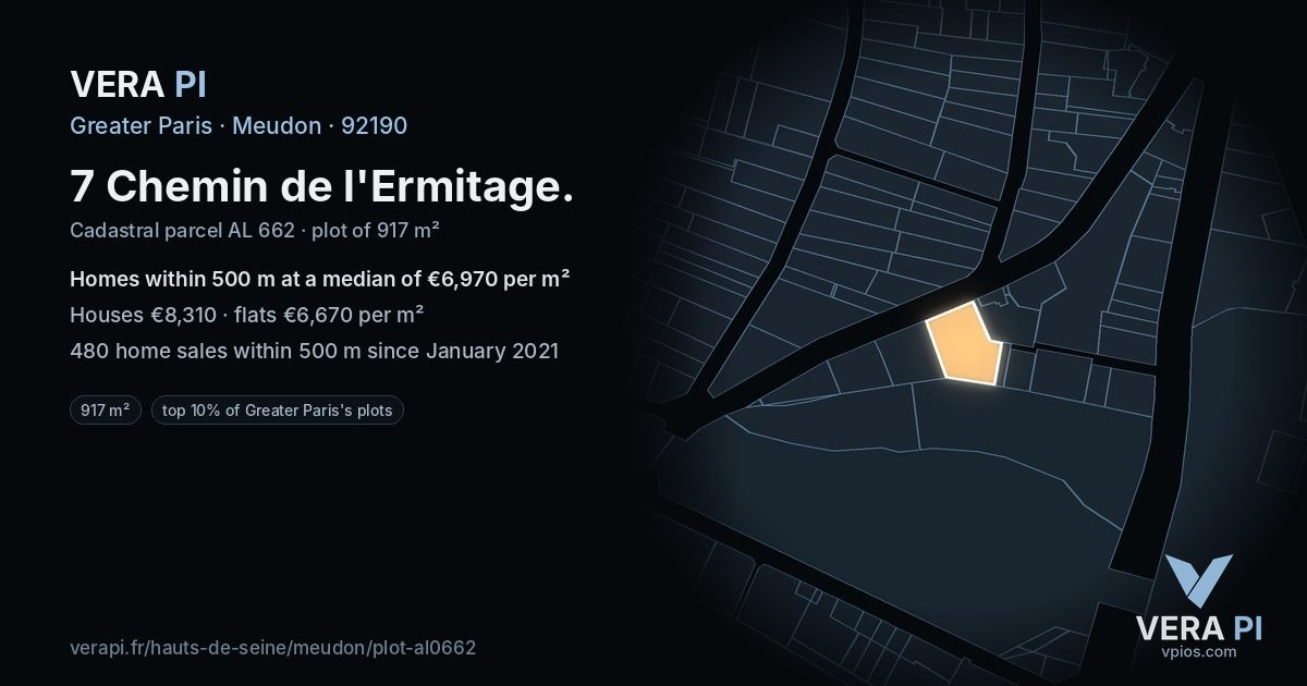 7 Chemin de l'Ermitage, Meudon at night – the plot lit, the parcels around coloured by the prices near them