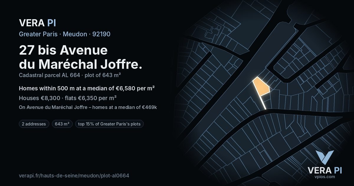 27 bis Avenue du Maréchal Joffre, Meudon at night – the plot lit, the parcels around coloured by the prices near them