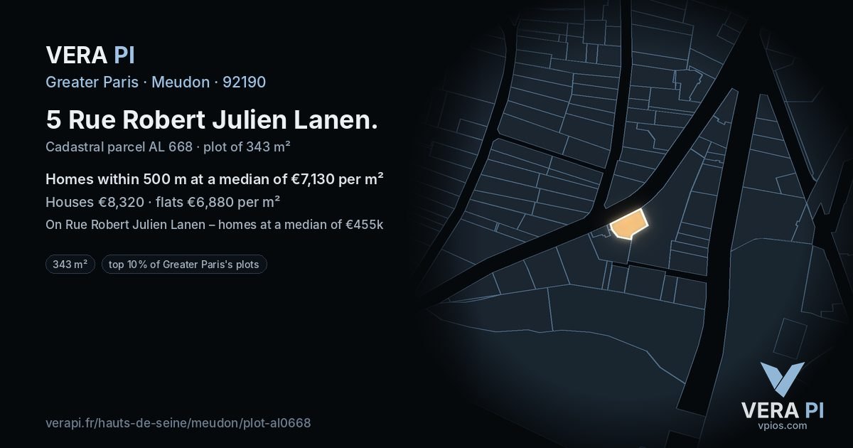 5 Rue Robert Julien Lanen, Meudon at night – the plot lit, the parcels around coloured by the prices near them
