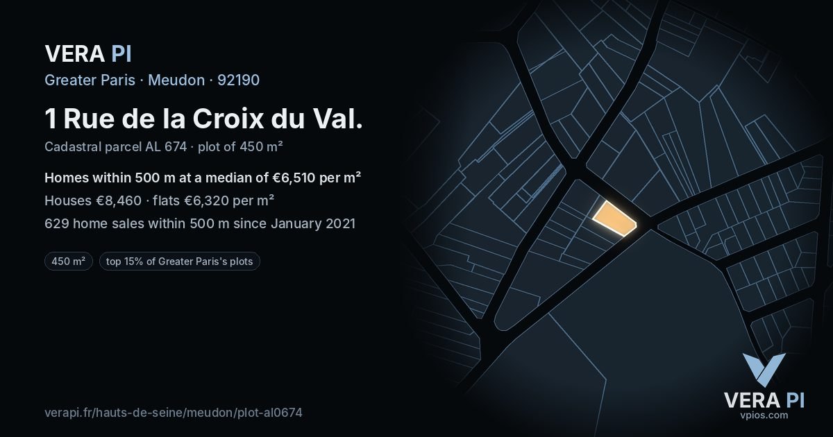 1 Rue de la Croix du Val, Meudon at night – the plot lit, the parcels around coloured by the prices near them