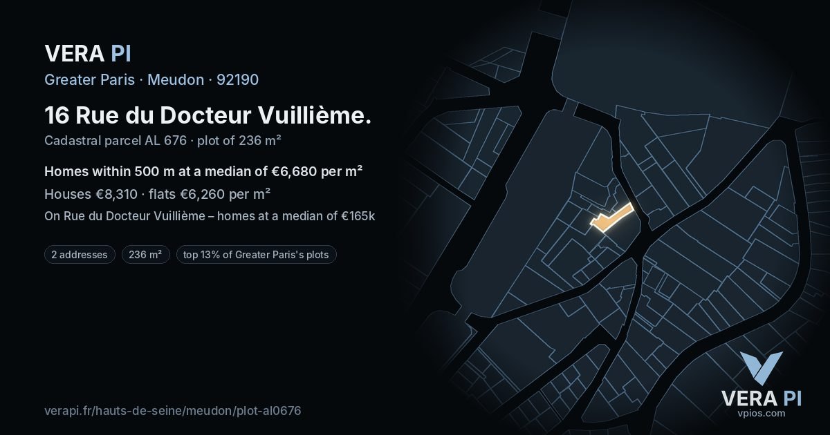 16 Rue du Docteur Vuillième, Meudon at night – the plot lit, the parcels around coloured by the prices near them