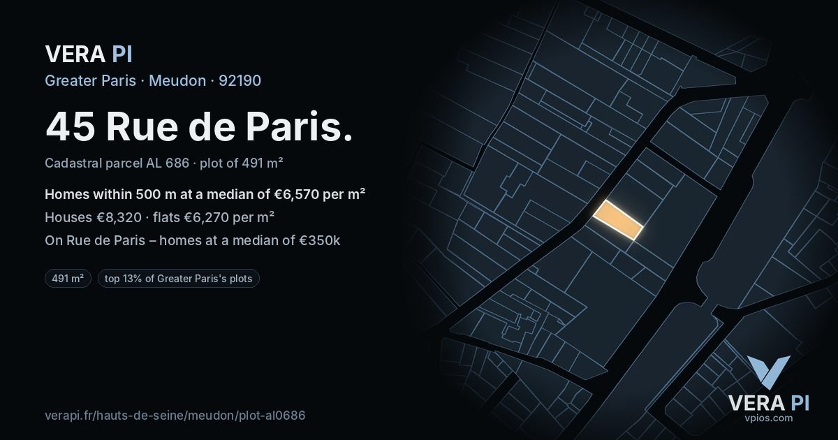 45 Rue de Paris, Meudon at night – the plot lit, the parcels around coloured by the prices near them