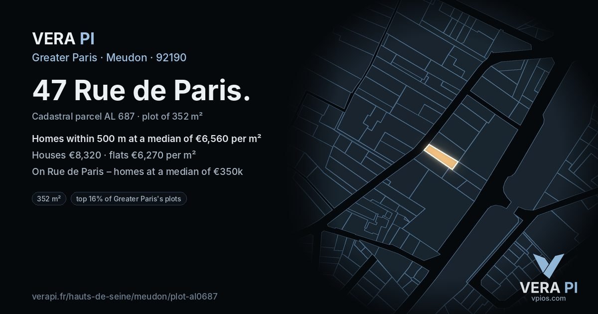 47 Rue de Paris, Meudon at night – the plot lit, the parcels around coloured by the prices near them
