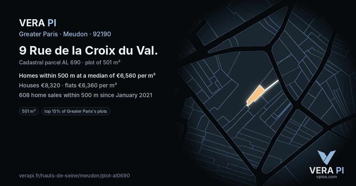 9 Rue de la Croix du Val, Meudon at night – the plot lit, the parcels around coloured by the prices near them