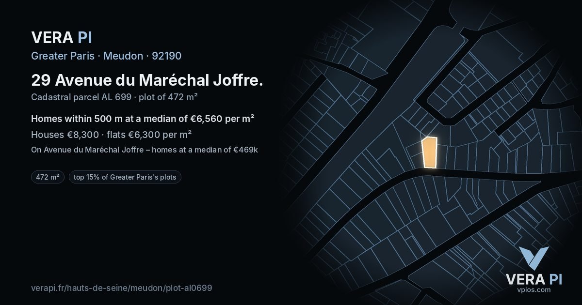 29 Avenue du Maréchal Joffre, Meudon at night – the plot lit, the parcels around coloured by the prices near them