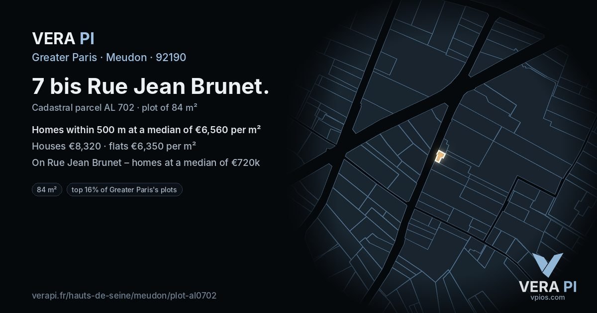 7 bis Rue Jean Brunet, Meudon at night – the plot lit, the parcels around coloured by the prices near them