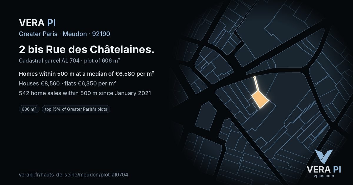 2 bis Rue des Châtelaines, Meudon at night – the plot lit, the parcels around coloured by the prices near them