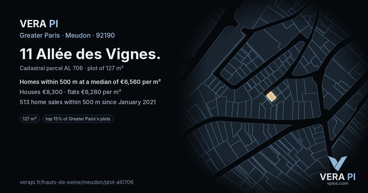 11 Allée des Vignes, Meudon at night – the plot lit, the parcels around coloured by the prices near them