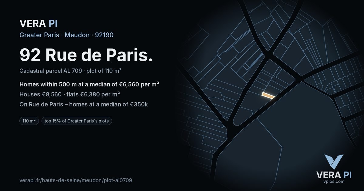 92 Rue de Paris, Meudon at night – the plot lit, the parcels around coloured by the prices near them