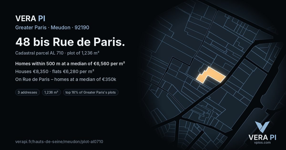 48 bis Rue de Paris, Meudon at night – the plot lit, the parcels around coloured by the prices near them
