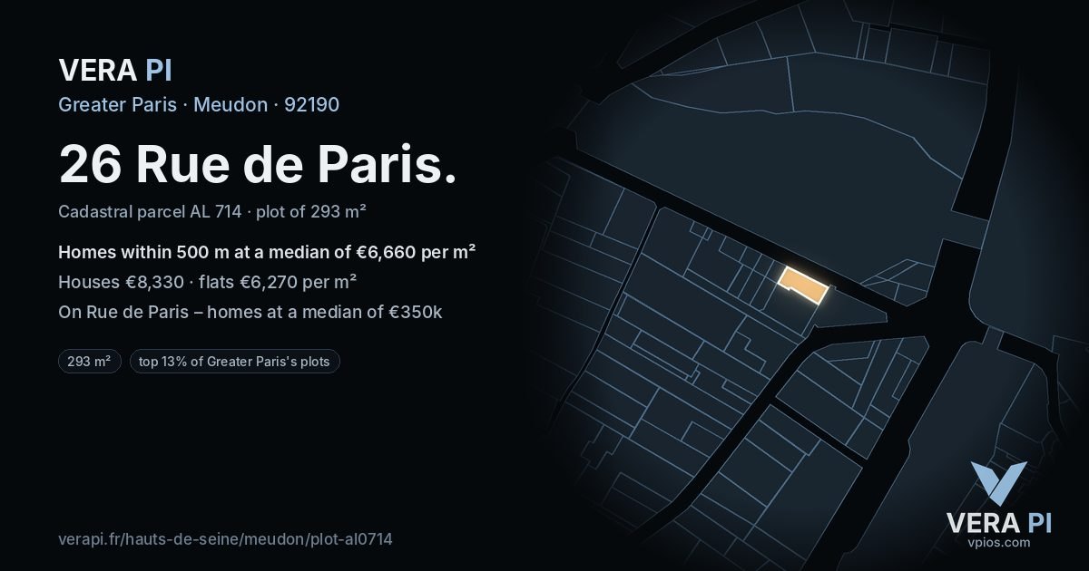 26 Rue de Paris, Meudon at night – the plot lit, the parcels around coloured by the prices near them