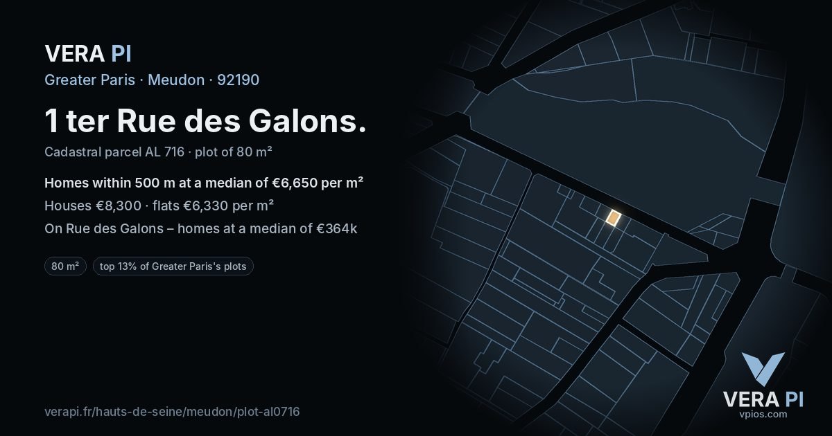 1 ter Rue des Galons, Meudon at night – the plot lit, the parcels around coloured by the prices near them