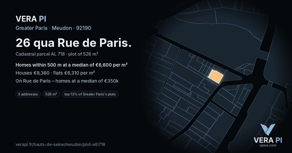 26 qua Rue de Paris, Meudon at night – the plot lit, the parcels around coloured by the prices near them