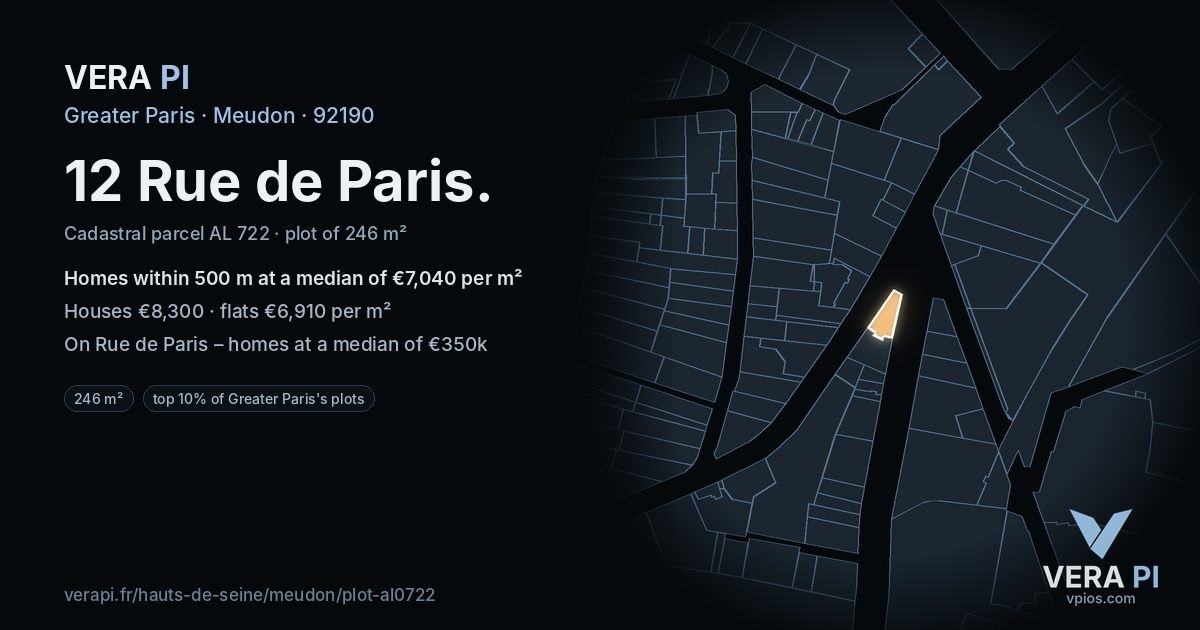 12 Rue de Paris, Meudon at night – the plot lit, the parcels around coloured by the prices near them