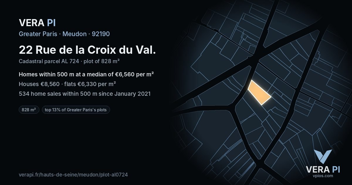 22 Rue de la Croix du Val, Meudon at night – the plot lit, the parcels around coloured by the prices near them
