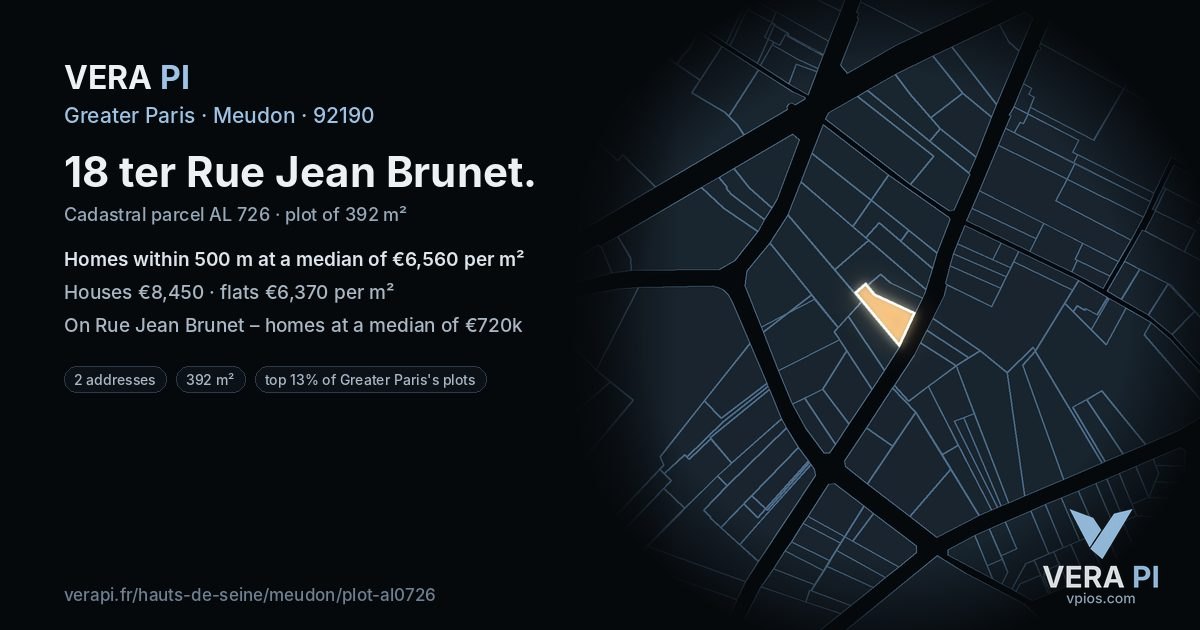 18 ter Rue Jean Brunet, Meudon at night – the plot lit, the parcels around coloured by the prices near them