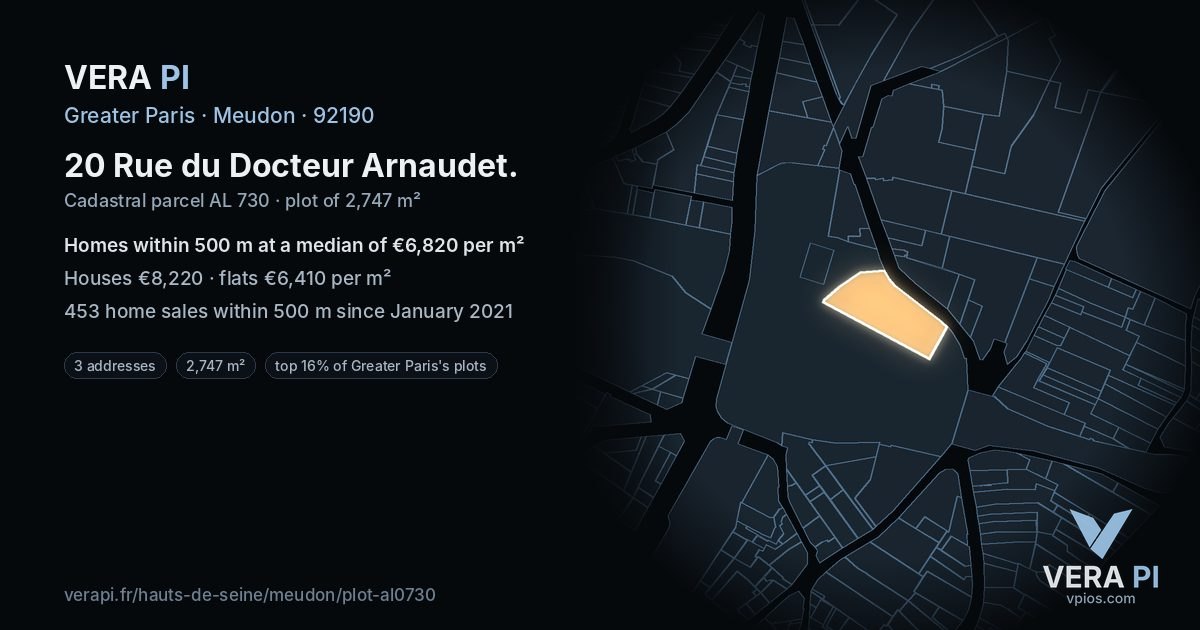 20 Rue du Docteur Arnaudet, Meudon at night – the plot lit, the parcels around coloured by the prices near them