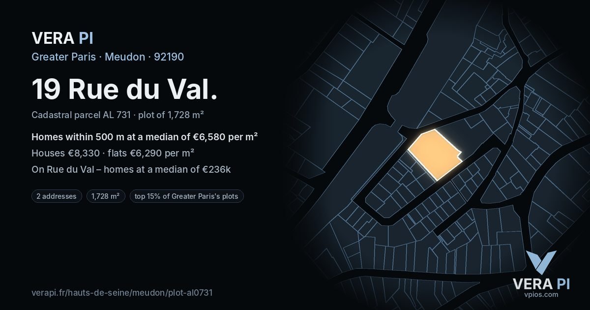 19 Rue du Val, Meudon at night – the plot lit, the parcels around coloured by the prices near them