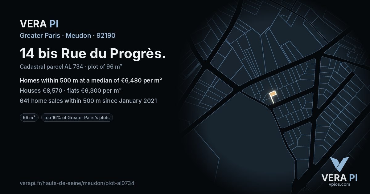 14 bis Rue du Progrès, Meudon at night – the plot lit, the parcels around coloured by the prices near them
