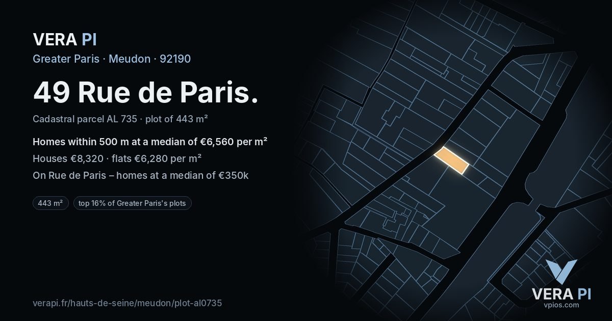 49 Rue de Paris, Meudon at night – the plot lit, the parcels around coloured by the prices near them